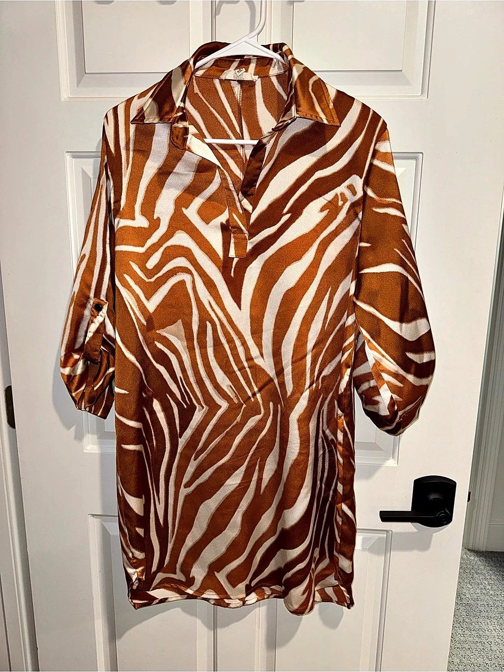entro Brown Cream Zebra Printed Satin Dress Brown & White Small